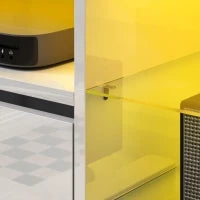 Mobile TV 120 cm, mobile televisivo per televisore fino a 55 pollici con illuminazione LED e telecomando, mensole in vetro bianco