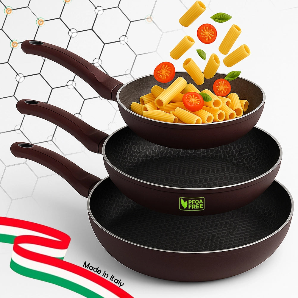 Set 3 Padelle Bee Rivestimento Nido D'Ape Antiaderente Made in Italy 20-24-28cm