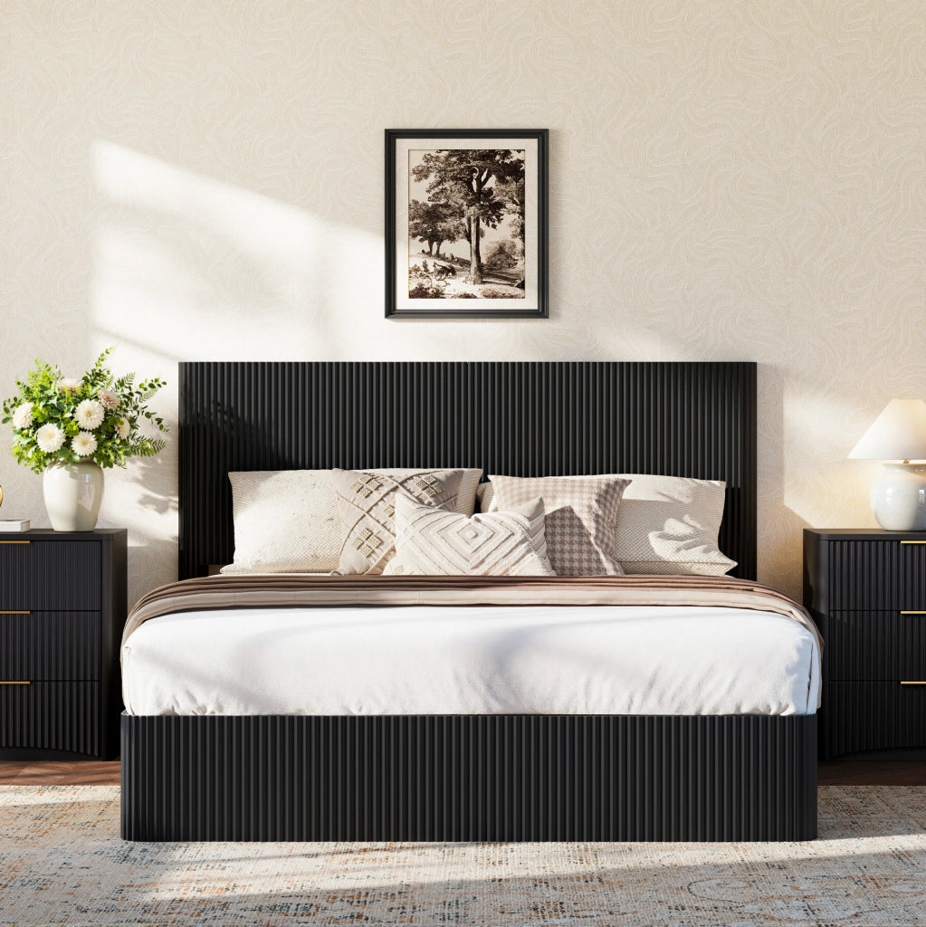 Letto contenitore matrimoniale 160x200 cm; con sollevamento idraulico e rete a doghe; in MDF e metallo; nero; senza materasso