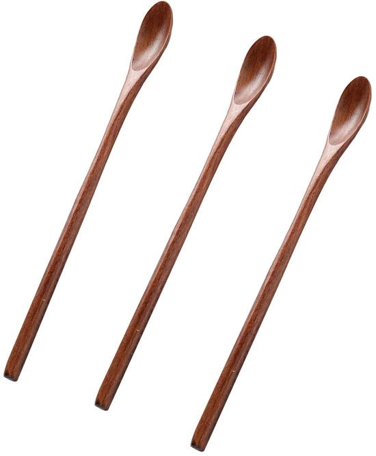 Set di cucchiai in legno a 3 pezzi, cucchiaio in legno ecosostenibile, cucchiaio in legno, lunga maniglia, legno naturale, set di cucchiai per cucina domestica, ristoranti e alberghi, per caffè, latte, tè, dessert e zuppe (marrone scuro)