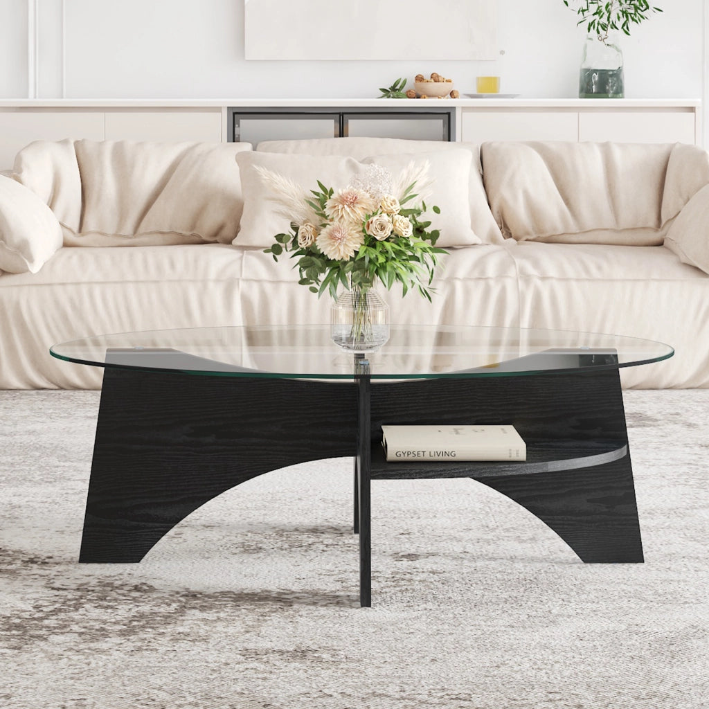 TAVOLINO Ovale in Vetro di Sicurezza 104,9 x 60 x 35,6 cm Nero/Trasparente