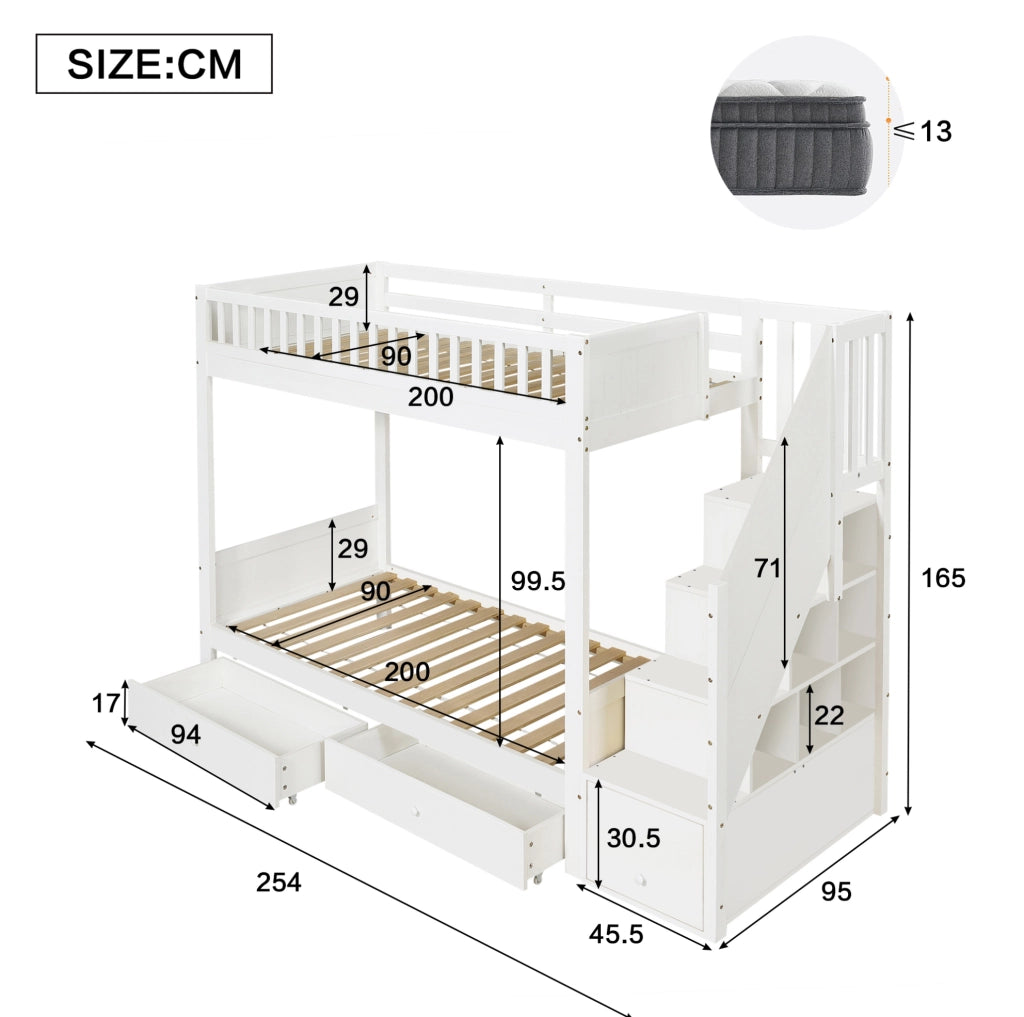 Letto a castello per bambini 90x200 cm in legno bianco con scala contenitore; 2 cassetti e barriera di sicurezza