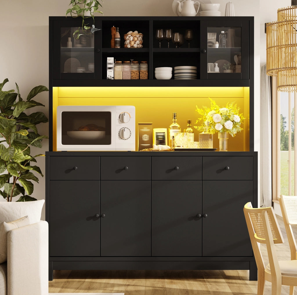 Credenza alta nera con LED RGB, ante in vetro e 4 cassetti