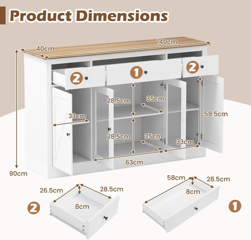 Armadio da cucina con piano di lavoro, credenza con cassetti e 2 ante, ripiani regolabili, armadio a buffet per sala da pranzo e soggiorno, 140 x 40 x 90 cm (bianco)