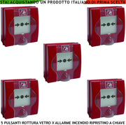 PULSANTI ROTTURA VETRO ROSSI 5 PEZZI PER ALLARME INCENDIO CON RIPRISTINO A CHIAVE SBLOCCA PORTE REI EN 54-11 CPD