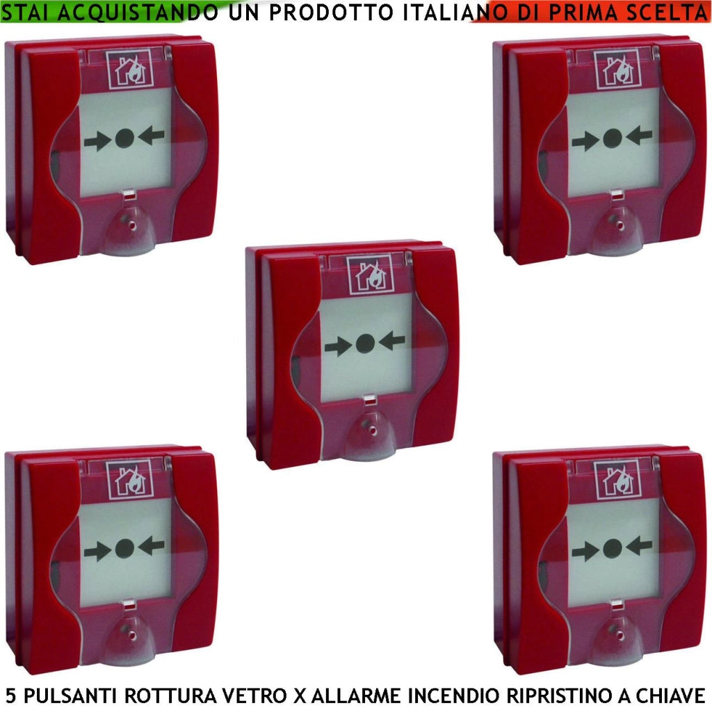PULSANTI ROTTURA VETRO ROSSI 5 PEZZI PER ALLARME INCENDIO CON RIPRISTINO A CHIAVE SBLOCCA PORTE REI EN 54-11 CPD