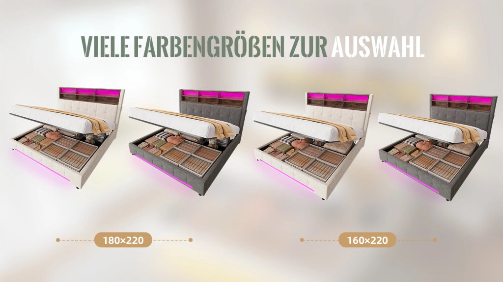 DESMIU Letto contenitore 160 × 200 cm 2 posti con 6 scomparti, USB-C e LED, senza materasso, velluto beige