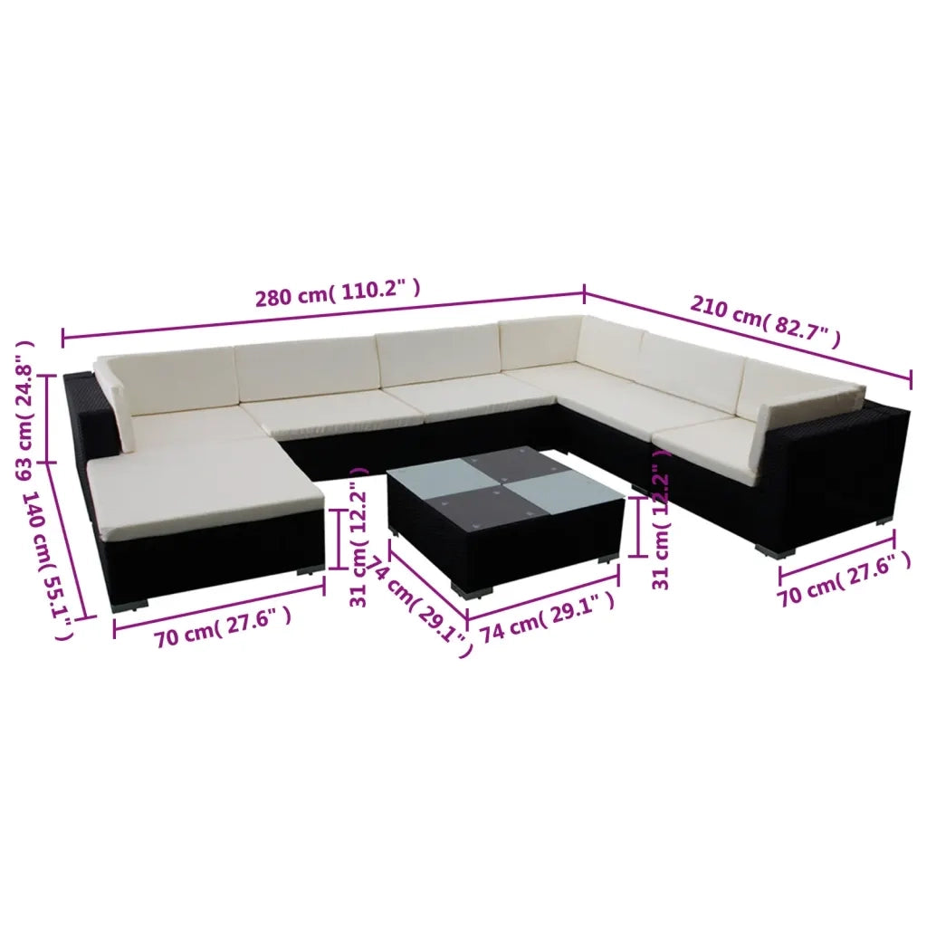 Set Mobili da Giardino con Cuscini 8 pz in Polyrattan Nero 42090
