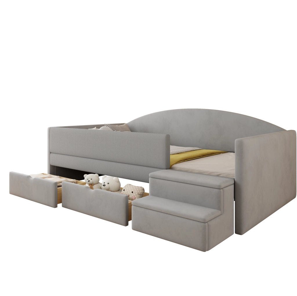 Letto imbottito 90x190 cm con 2 cassetti, sponde protettive e gradini
