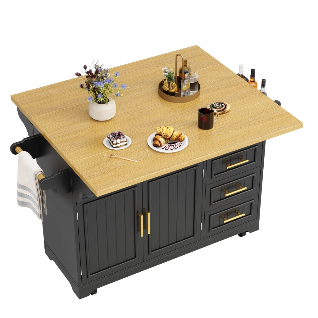 Isola da cucina 120x40(80)x95 cm con piani ribaltabili e ruote in MDF nera