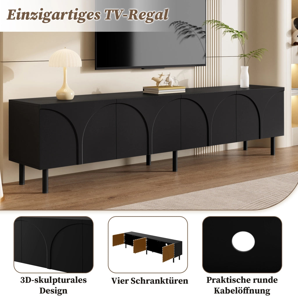Mobile porta TV con 4 ante e 2 vani separati, piedi in metallo, per soggiorno, in MDF e PB, nero, 180 × 35 × 49 cm