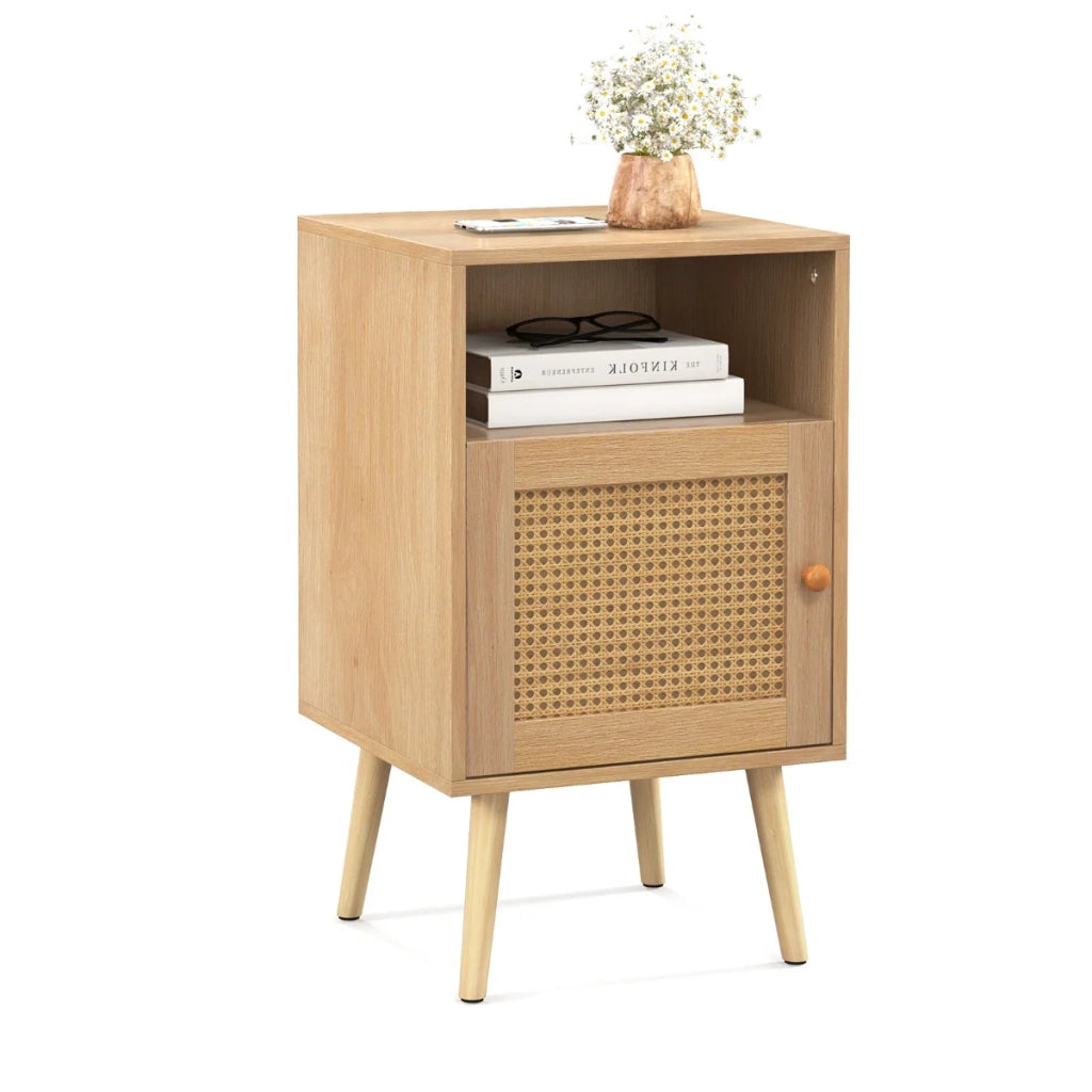 Comodino con 3 ripiani 40 x 39 x 70 cm con anta in rattan alla moda in legno di pino naturale 20_0020790