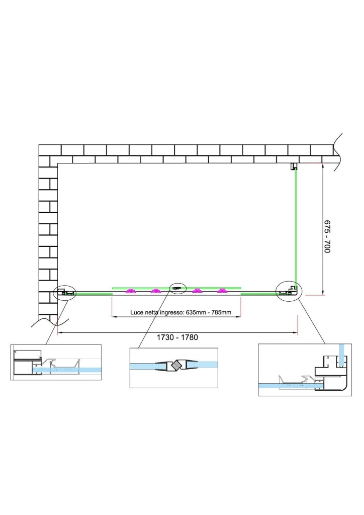 Box doccia 6 mm H 190 parete fissa e porta a 4 ante con apertura centrale MISURA 67,5-70 ANTA FISSA + PORTA 173-178