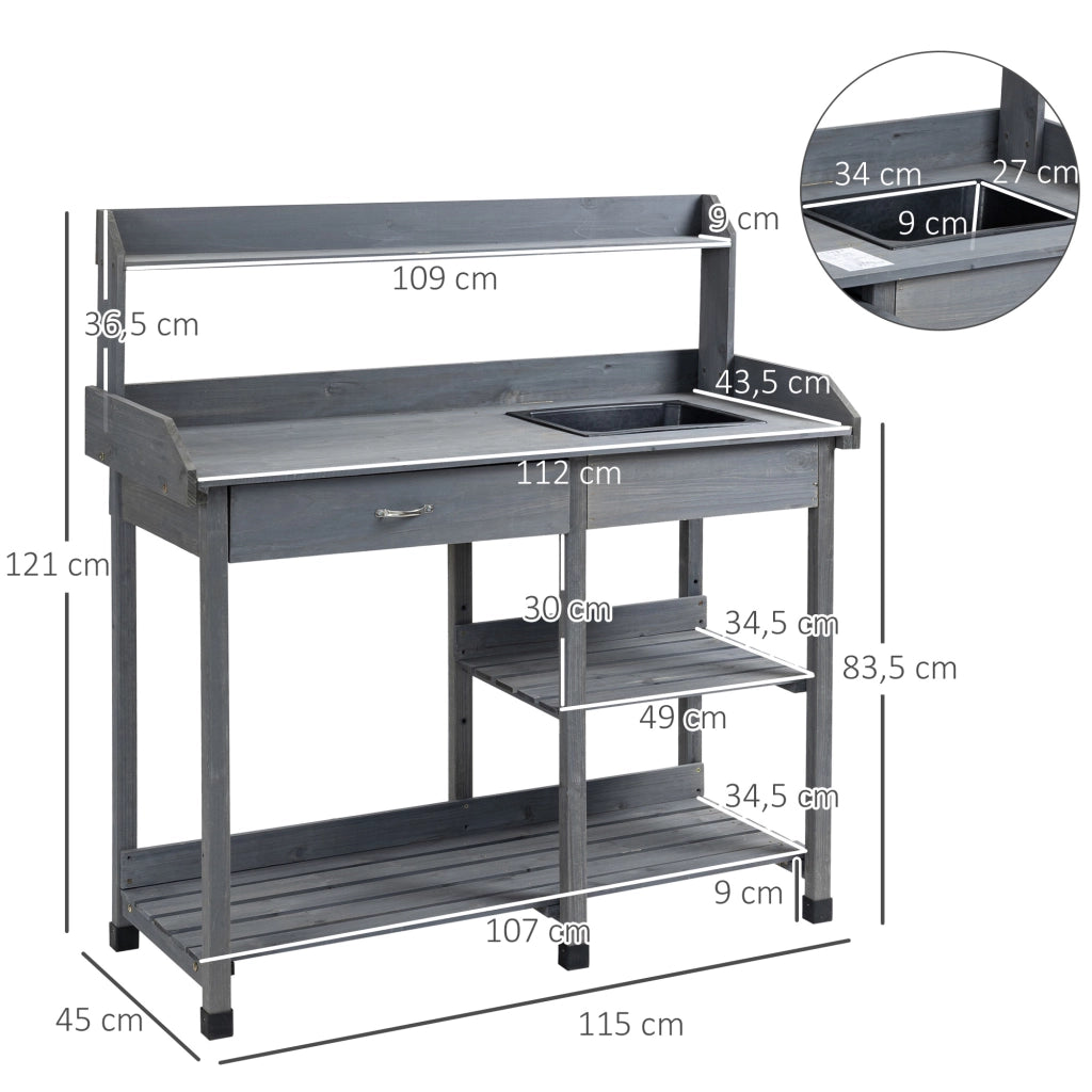 Tavolo da giardinaggio con cassetto, ripiani e lavello ¨C zephmum ¨C legno di abete grigio