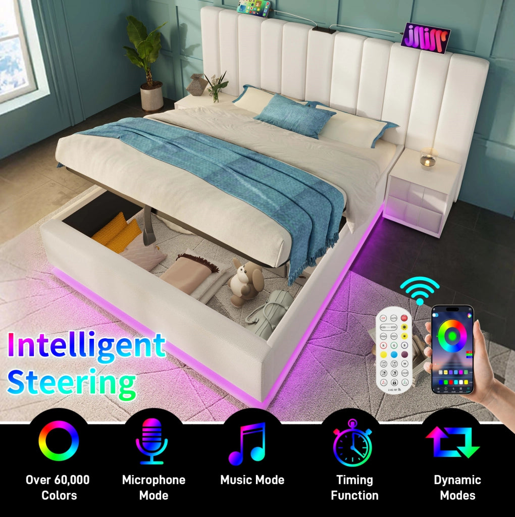 Letto matrimoniale imbottito ULEVR 160x200 cm con contenitore idraulico, LED, USB e Type-C, PU bianco