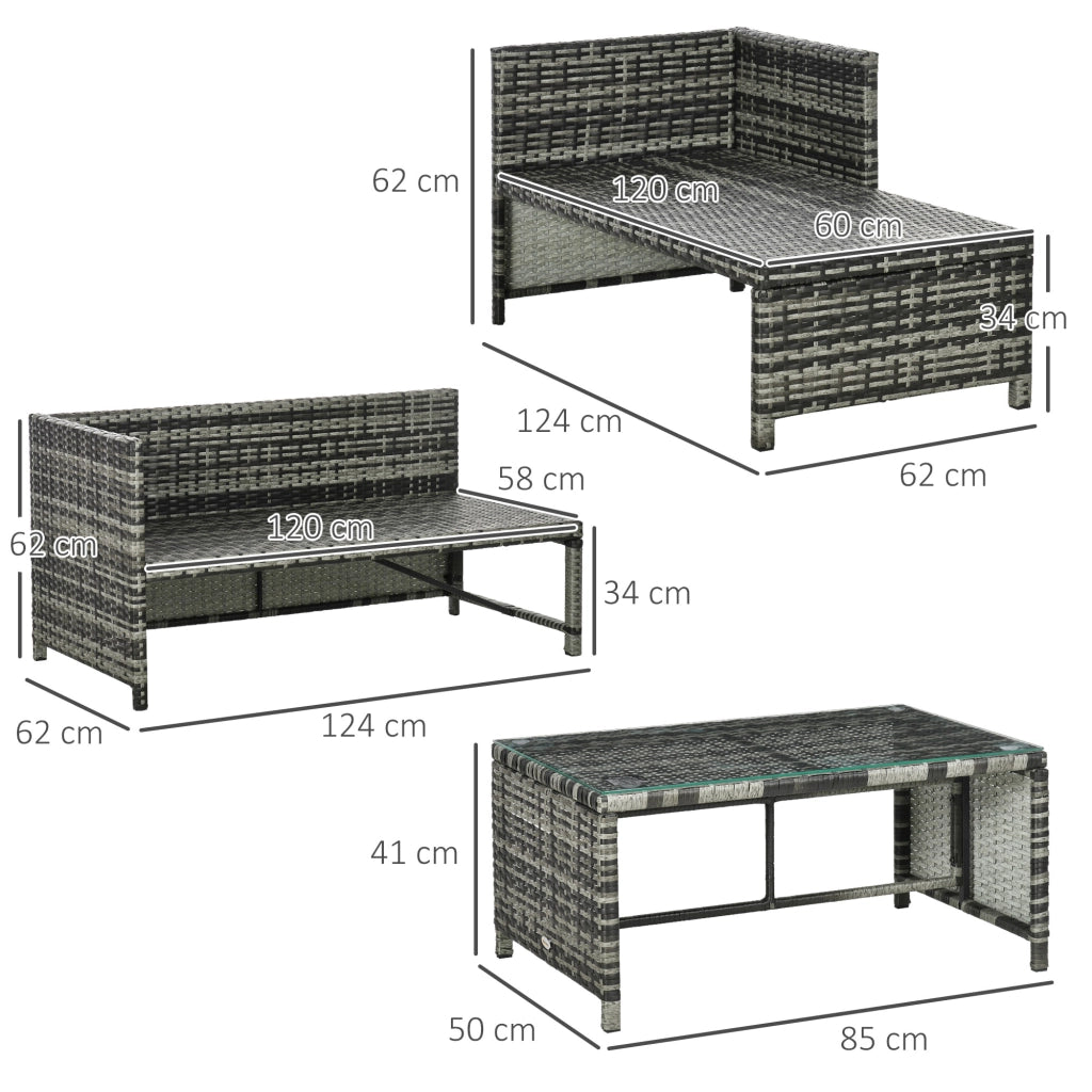 Salotto da Giardino con Divanetto, Chaise Longue e Tavolino in Rattan PE con Cuscini, Grigio