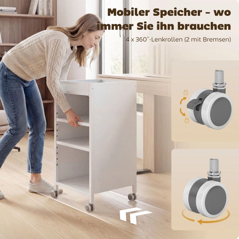 Libreria mobile con ripiani regolabili, carrello a 3 livelli con ruote e cestino superiore, bianco