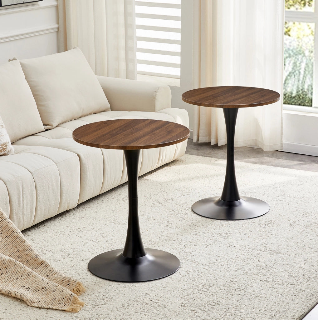 Tavolo rotondo altezza 72 cm nero e noce, MDF e metallo con base centrale