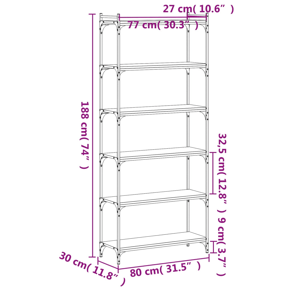 Libreria a 6 Ripiani Nera 80x30x188 cm in Legno Multistrato 837682