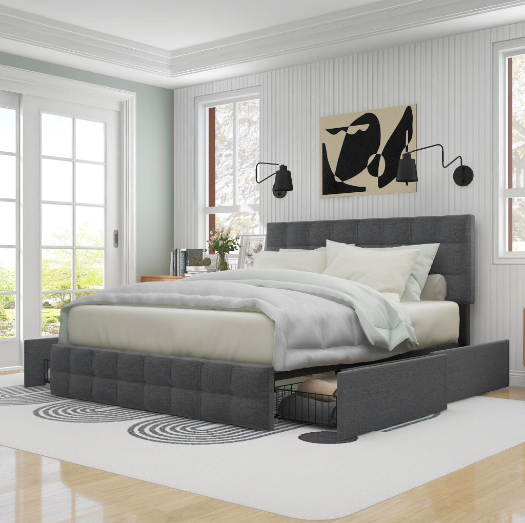 Letto matrimoniale imbottito 140x200 cm in lino grigio con 4 cassetti; testiera regolabile e materasso