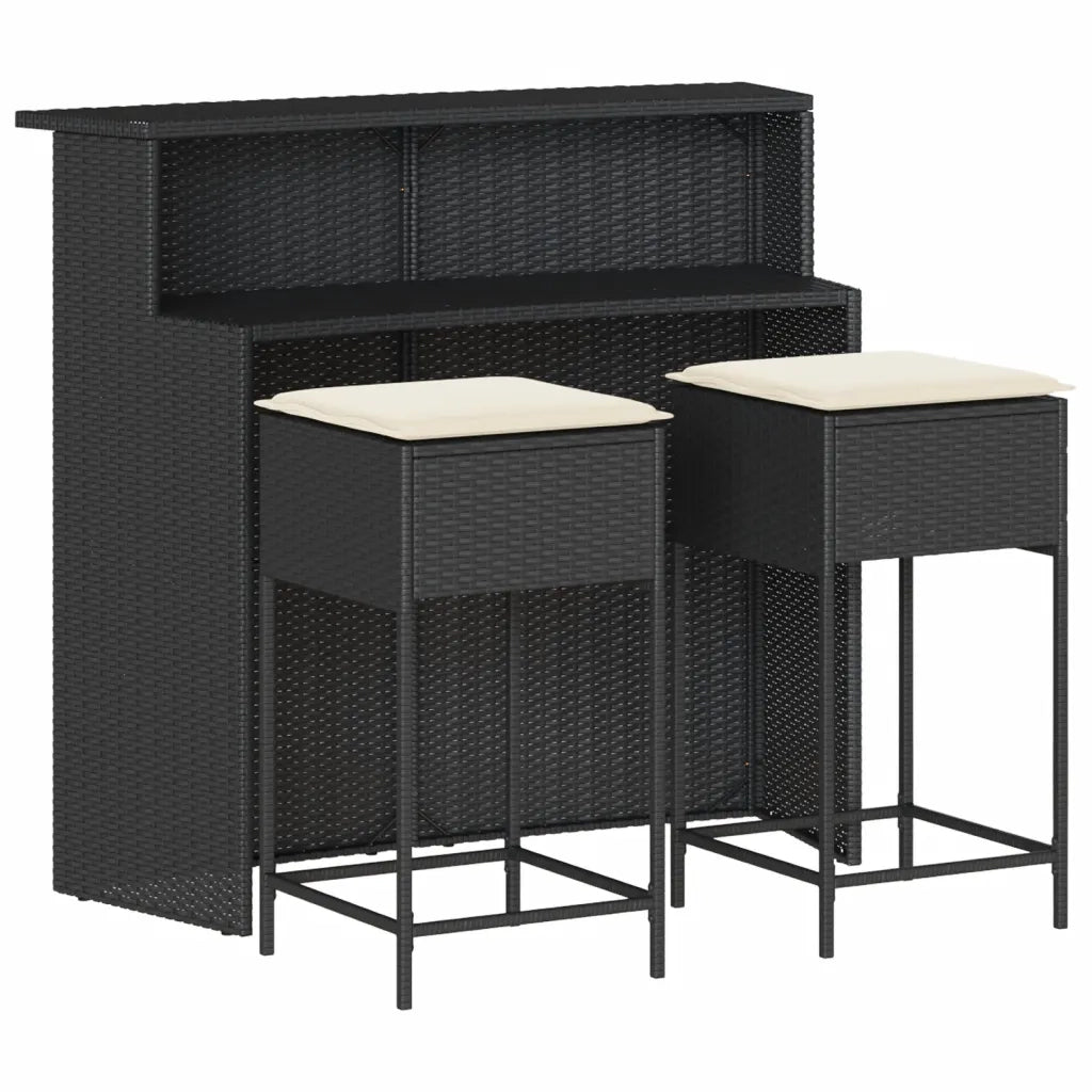 Set Bar da Giardino 3 pz | Set Salotto da Giardino con Cuscini in Polyrattan Nero