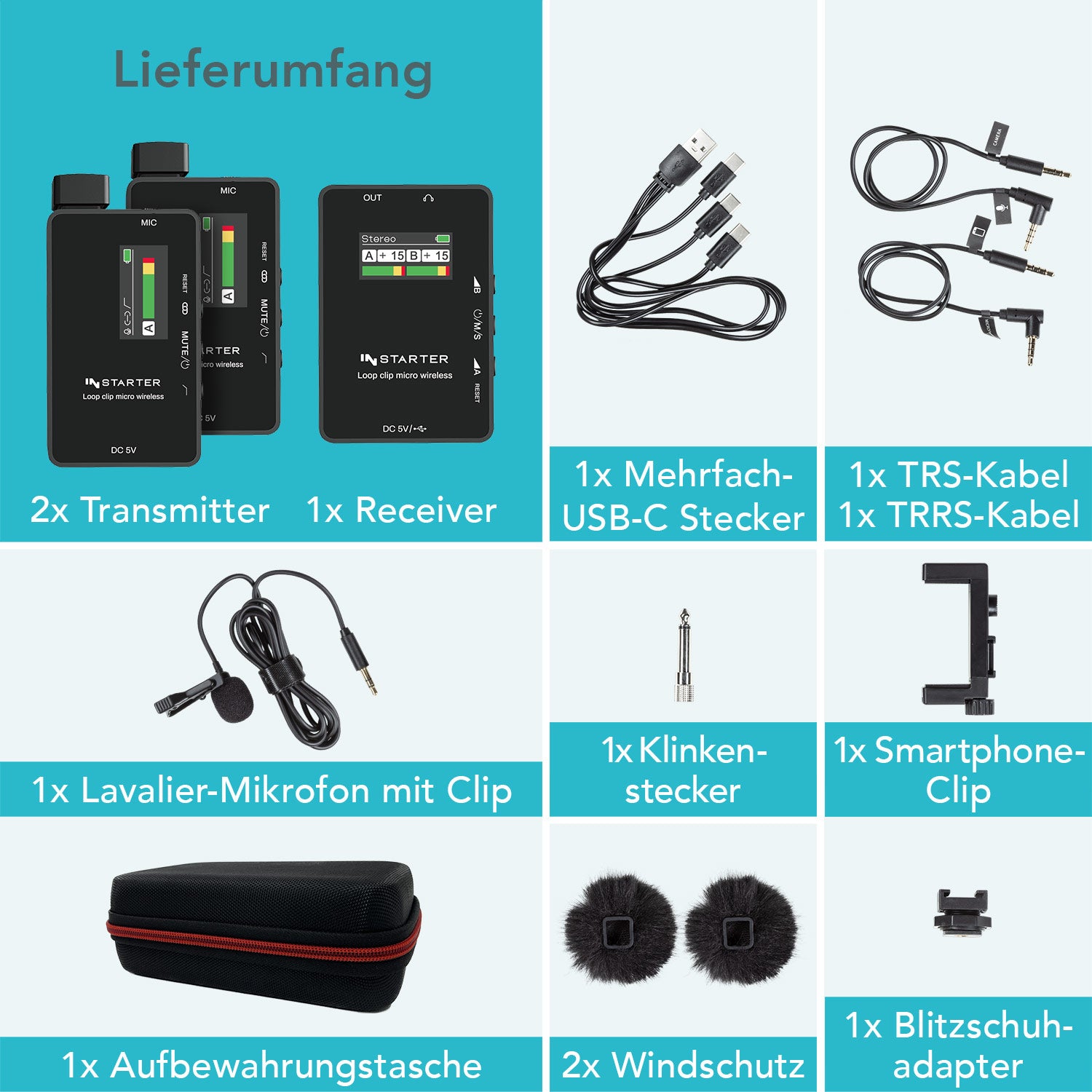 Instarter Sistema wireless lavalier con microfono wireless incorporato, senza fili per telefoni cellulari, tablet, PC con 2 trasmettitori e 1 ricevitore con portata di 50 m e connessione USB-C 6