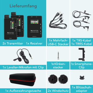 Instarter Sistema wireless lavalier con microfono wireless incorporato, senza fili per telefoni cellulari, tablet, PC con 2 trasmettitori e 1 ricevitore con portata di 50 m e connessione USB-C 6