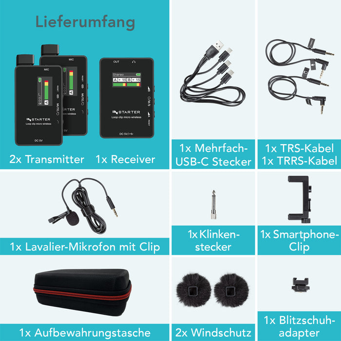 Instarter Sistema wireless lavalier con microfono wireless incorporato, senza fili per telefoni cellulari, tablet, PC con 2 trasmettitori e 1 ricevitore con portata di 50 m e connessione USB-C 6