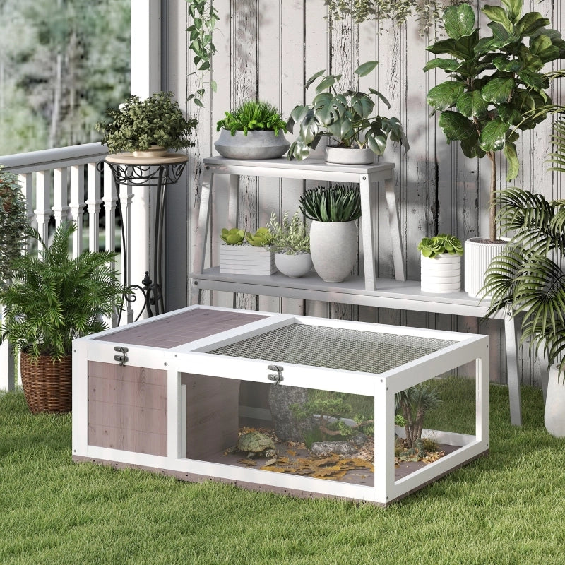 Casetta/recinto in legno per tartarughe con casetta principale e coperchio incernierato, 91x60,5x32 cm, marrone