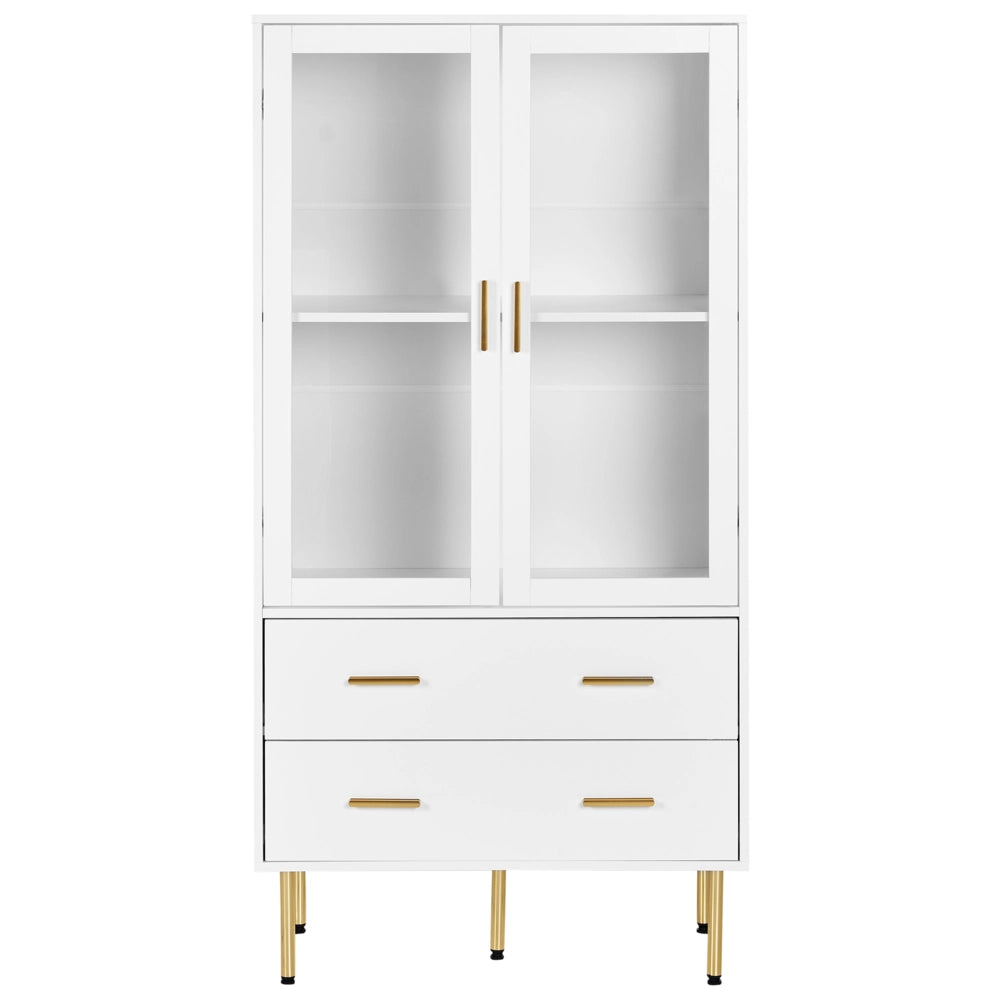 Vetrinetta in MDF bianco con ante in vetro e 2 cassetti Accenti dorati