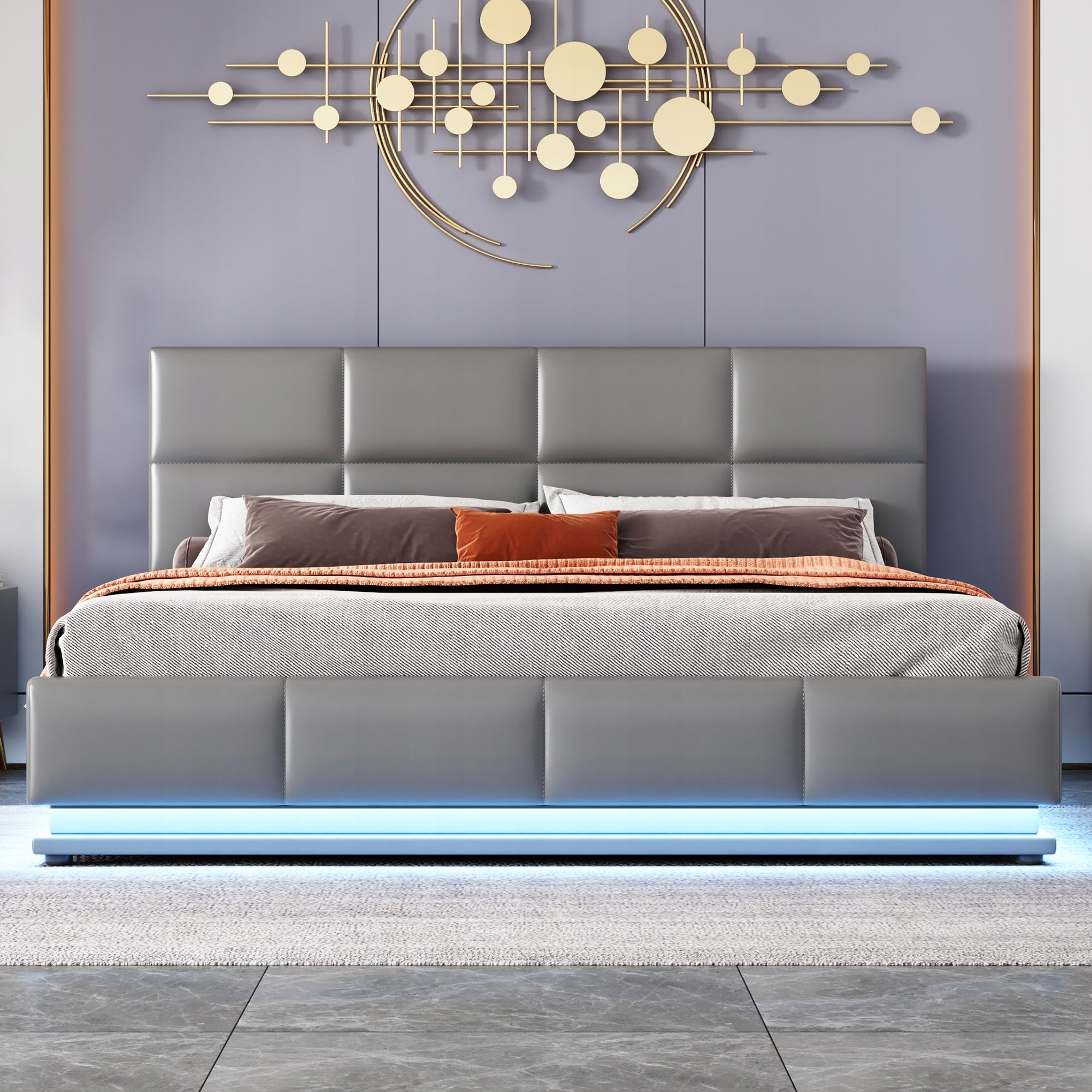 Letto imbottito 160x200 grigio con LED e ripostiglio - Xylo