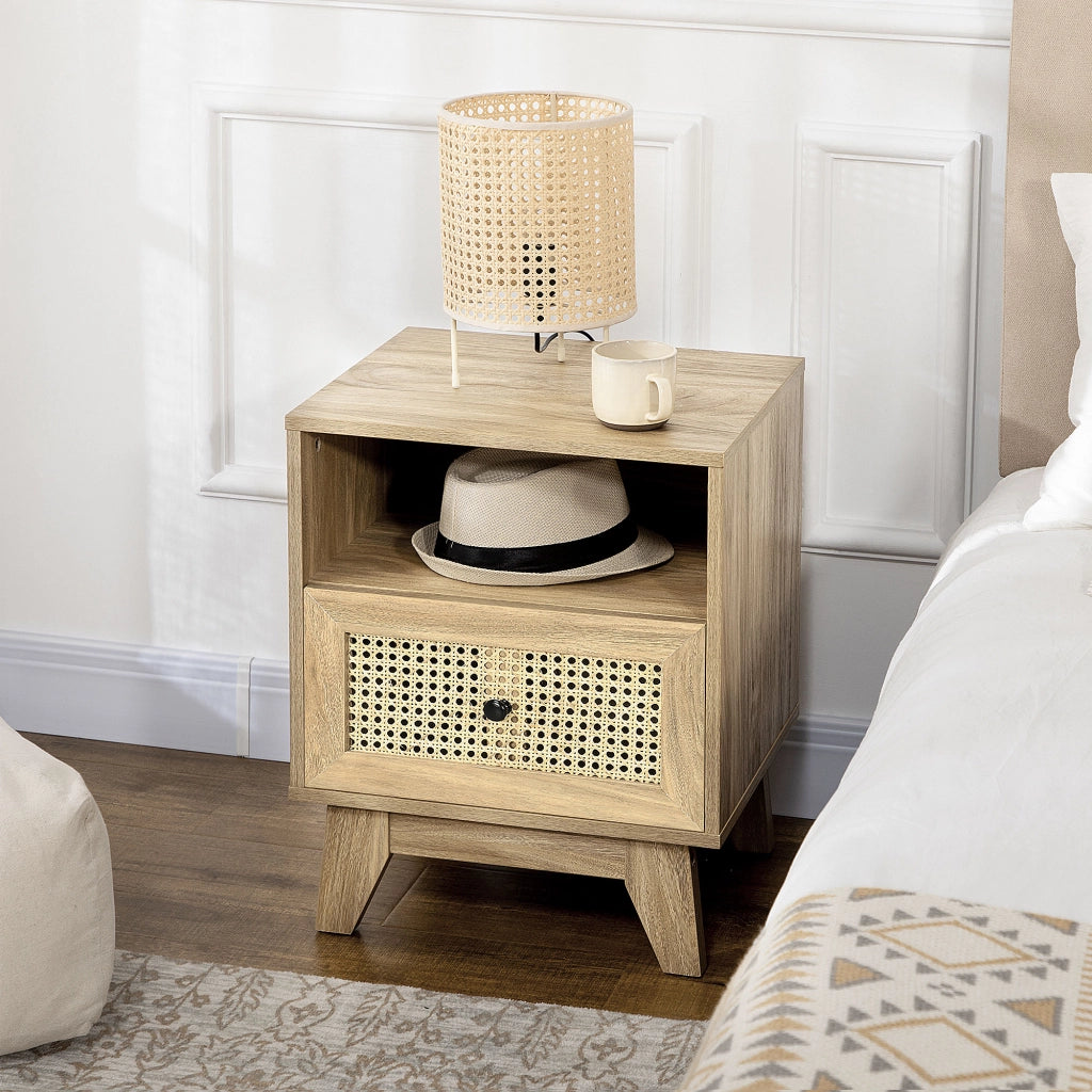 Comodino con cassetto e anta cannage ¨C Xylo ¨C legno naturale 45x39x56,5 cm