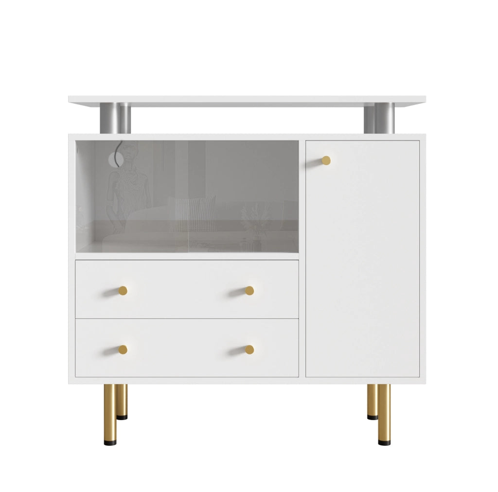 Credenza ULEVR 80x35x80 cm con LED, ante in vetro e cassetti, bianca