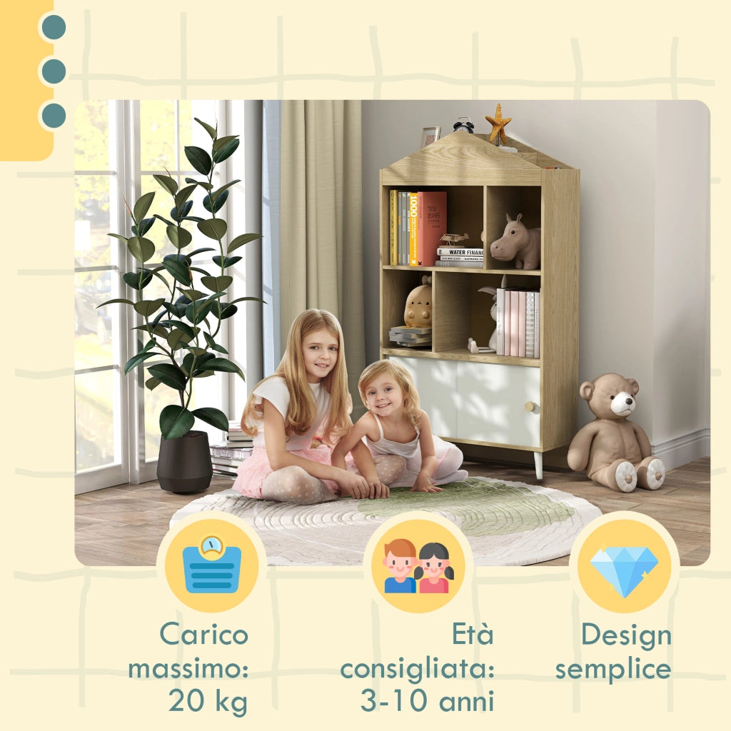 Libreria per Bambini in Legno con Ripiani Aperti e Armadietto Inferiore, 80x30x140.5 cm, Bianco e color Legno