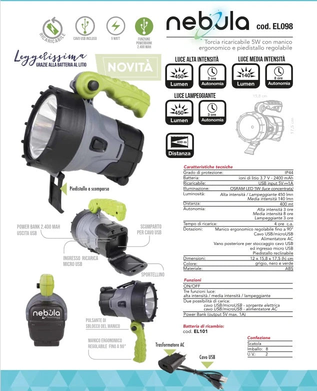 NEBULA - TORCIA RICARICABILE 450 LUMEN / 5W