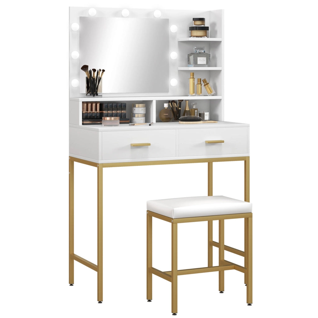 Mobile da Bagno con Specchio, 2 Cassetti e Sgabello ¨C zephmum ¨C Bianco, MDF e Truciolato, 80x40x138 cm