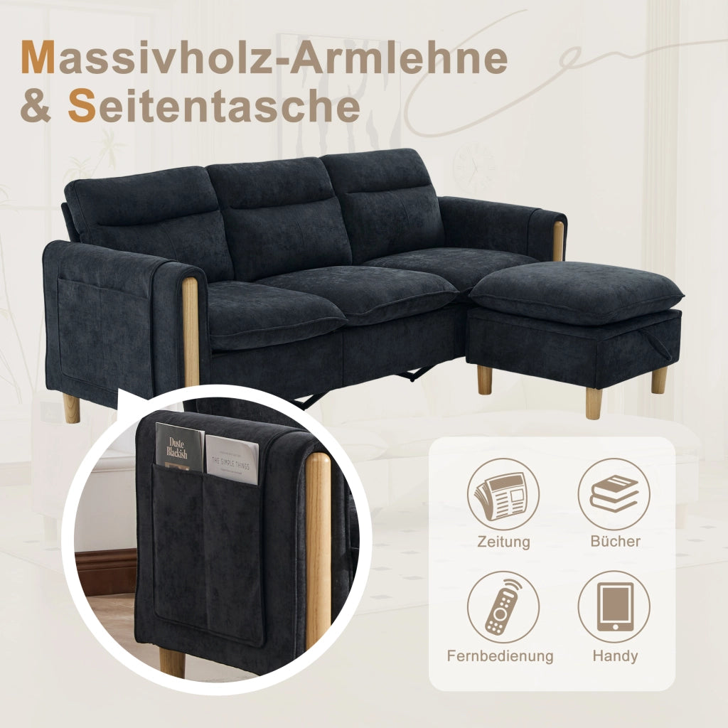 Divano angolare modulare a tre posti con pouf contenitore e tasche laterali in ciniglia nero 201 × 77 × 86 cm