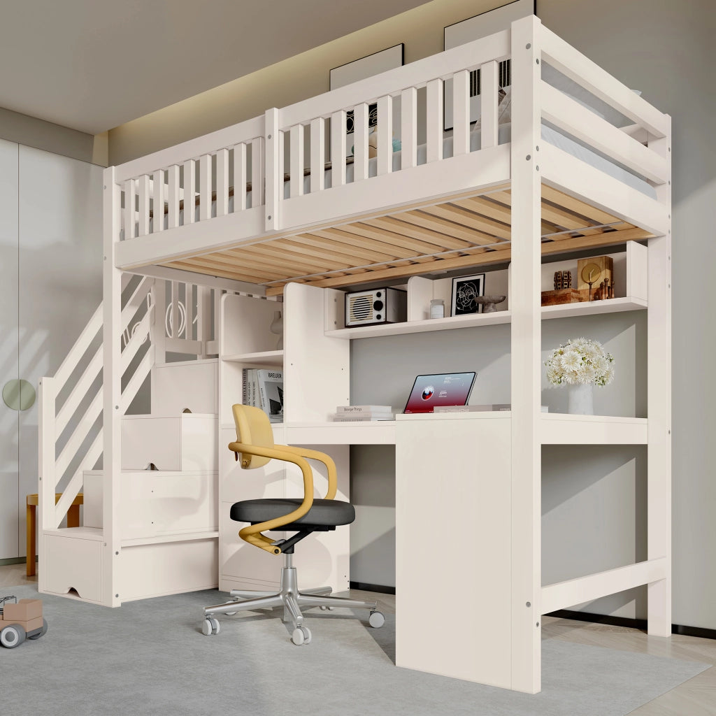 Letto a soppalco per bambini 90 × 200 cm con scala-armadio, scrivania ad angolo, senza materasso, bianco