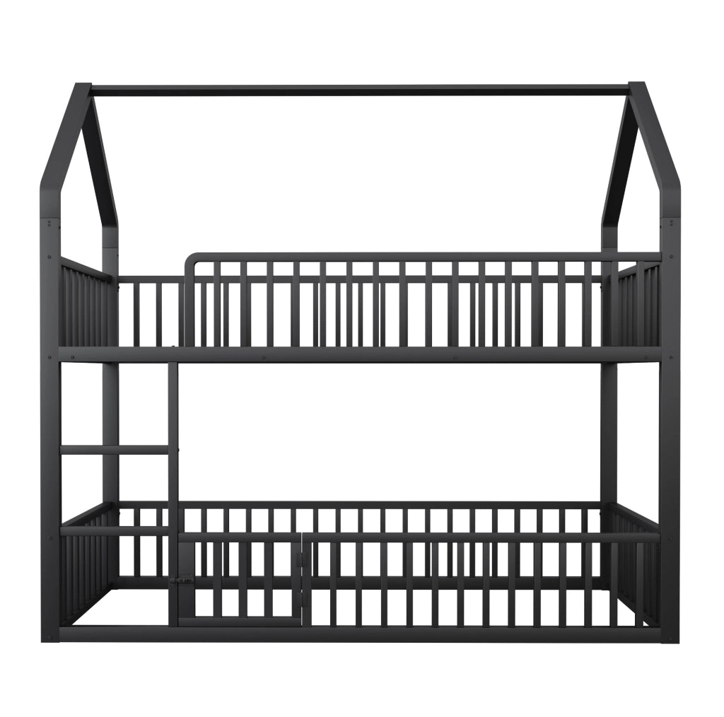 Letto a castello in metallo 90x200 con design a casetta e scala frontale