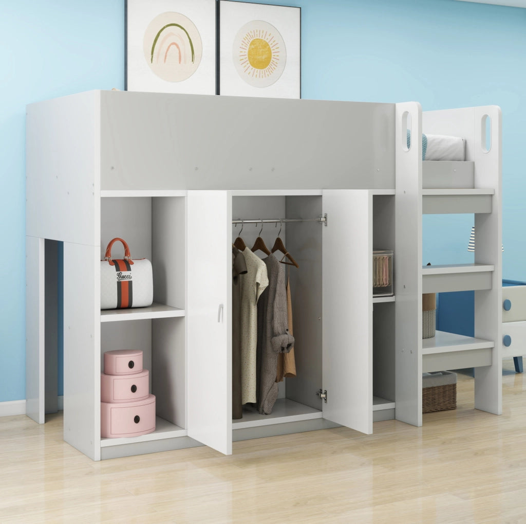 Letto a soppalco ULEVR 90x200 cm con armadio, ripiani aperti e scala integrata, bianco e grigio