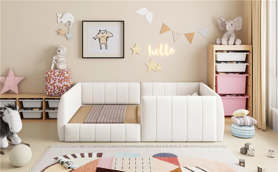 DESMIU Letto bambino 90 × 200 cm con sponda di sicurezza, in MDF e velluto, senza materasso, beige