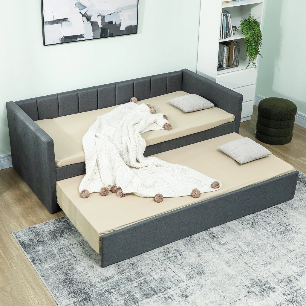 Letto Singolo con Secondo Letto Estraibile 205x181x70 cm Rivestimento in Tessuto e Braccioli Grigio Scuro