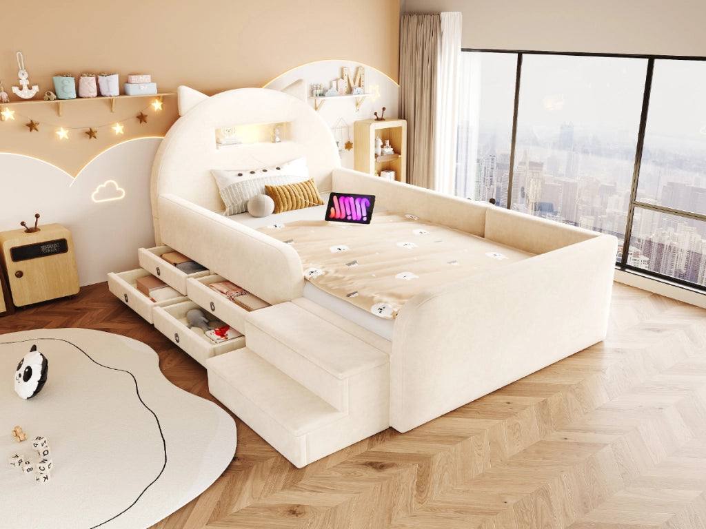 Letto per bambini 90 × 200 cm con testiera a orecchie, 4 cassetti, luce notturna et USB, senza materasso, beige