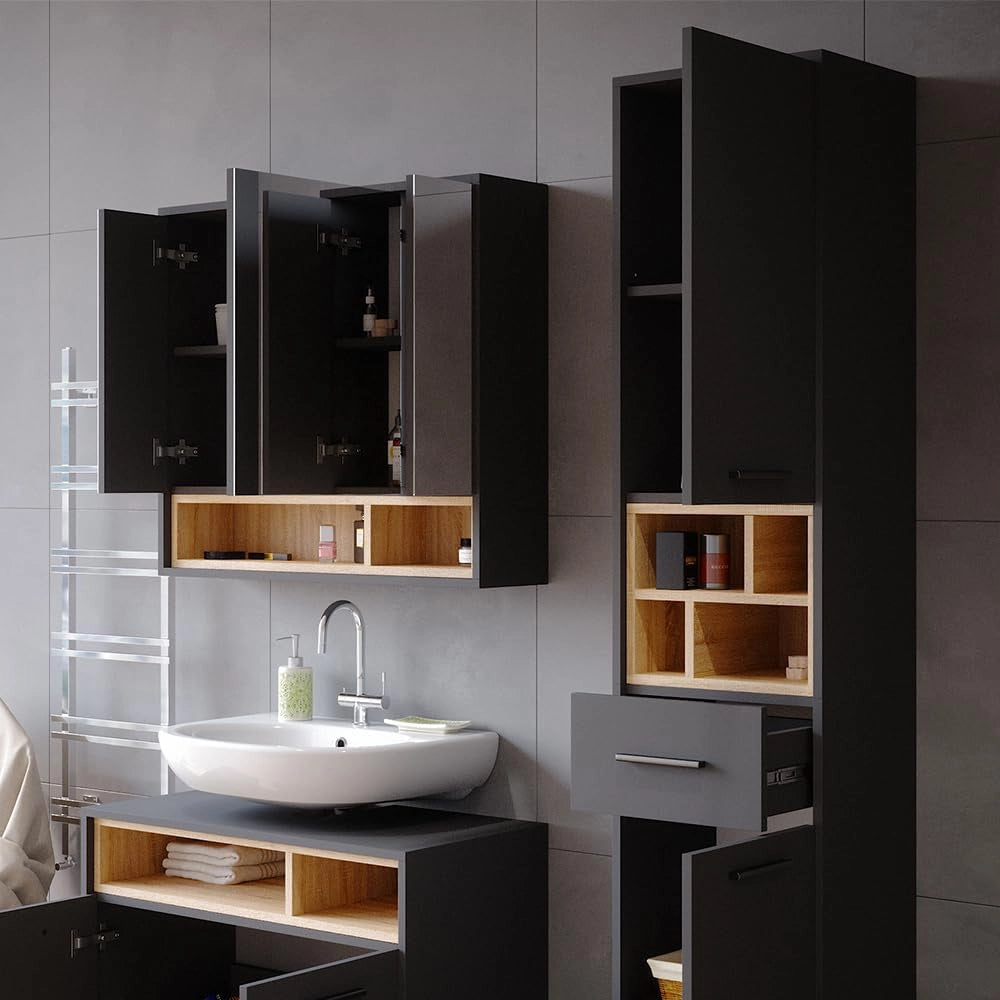 Mobile bagno alto Beatrice, Antracite, 38 x 190 cm, per la conservazione di articoli da bagno e compatibile con Beatrice
