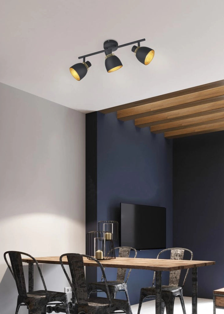 Spot plafoniera 3 luci nero oro orientabile E14 Punch