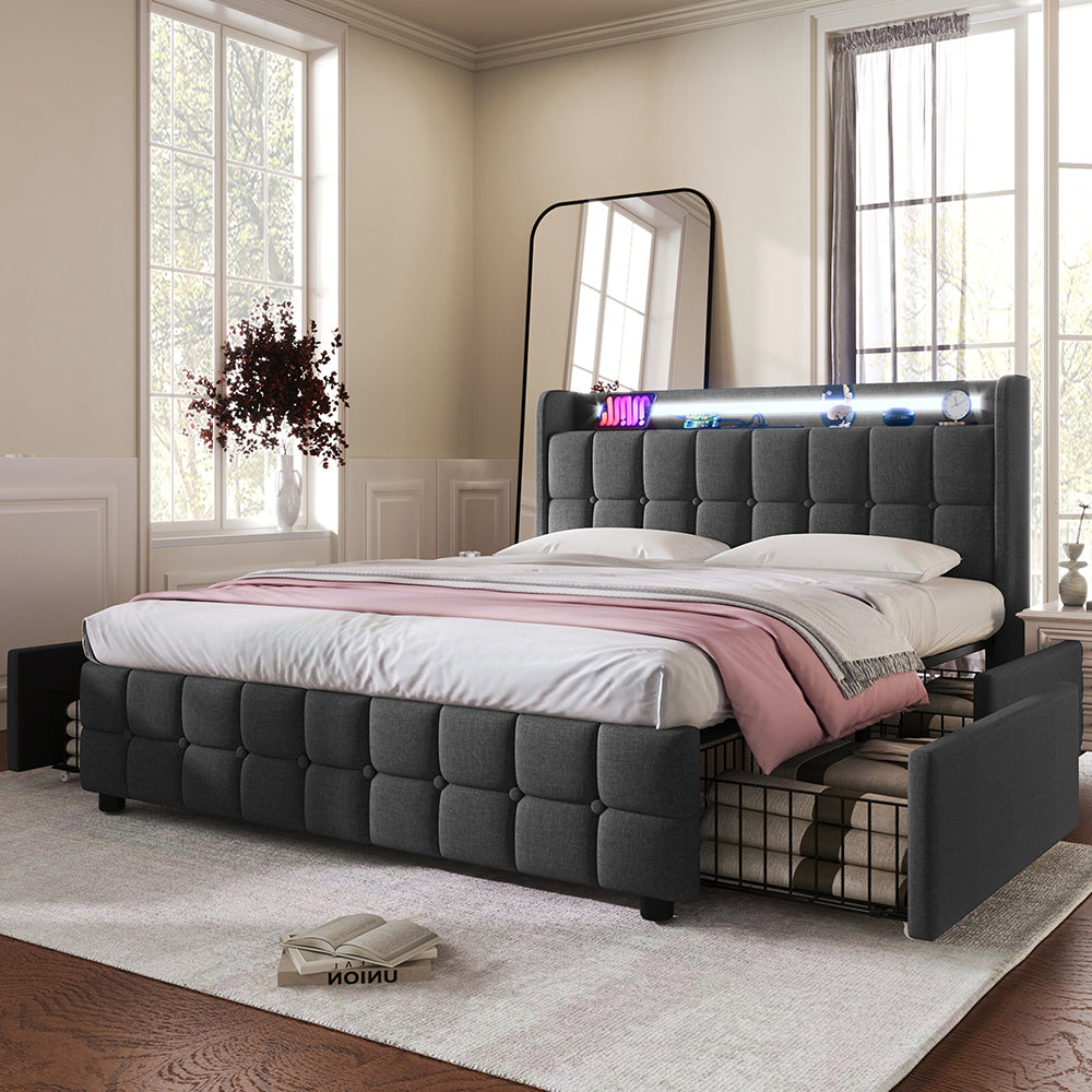 Letto imbottito con testiera e illuminazione LED - Xylo - 160x200 cm - Grigio - 4 cassetti e ricarica USB