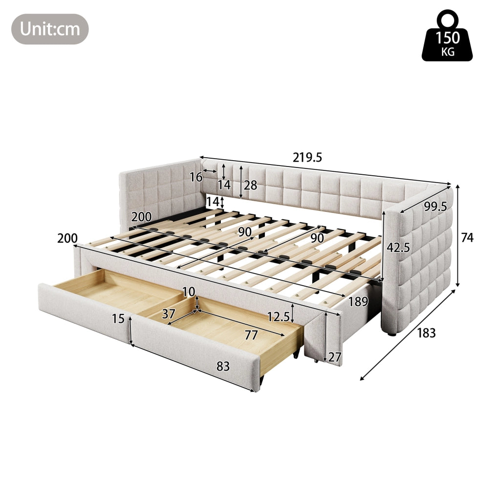 Divano letto estraibile 90x200 cm in velluto beige con 2 cassetti e schienale quadrato