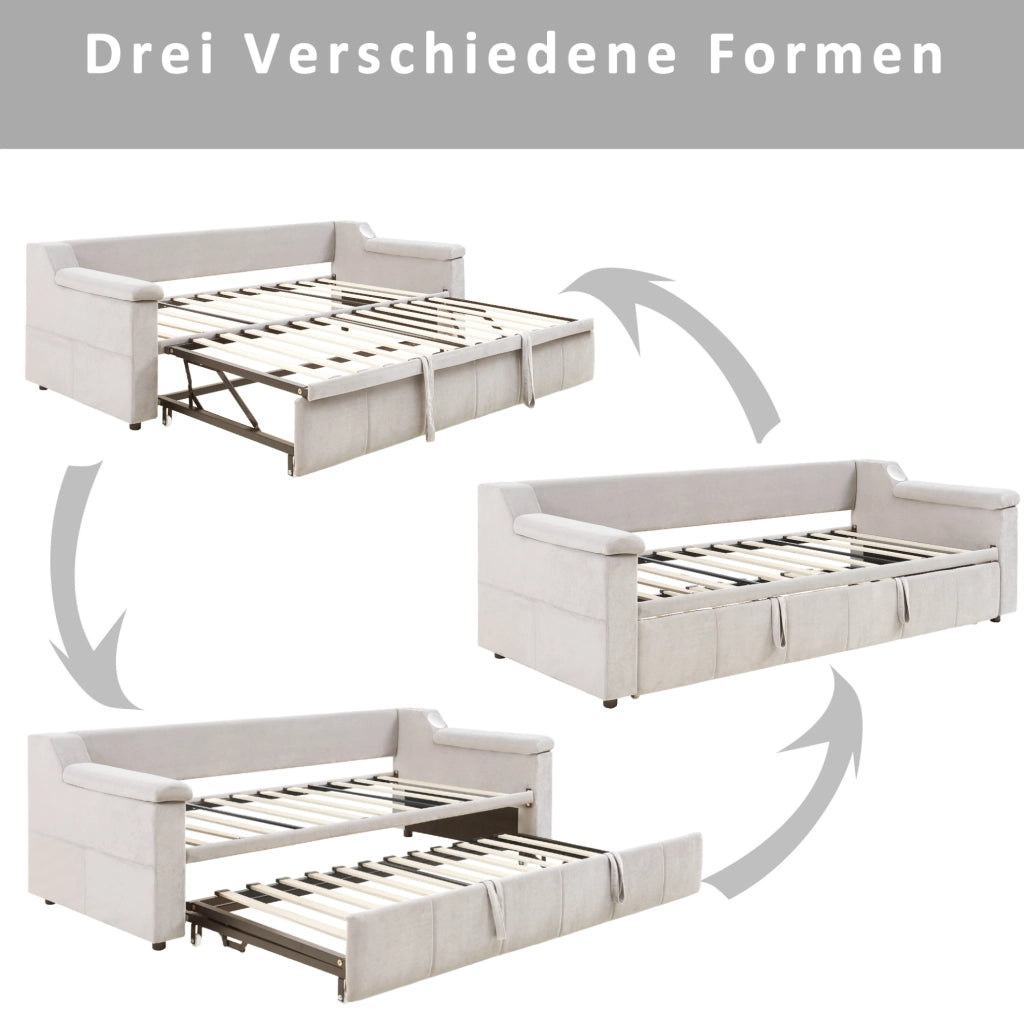 Divano letto imbottito ULEVR 90/180x190 cm con estrazione idraulica, stereo Bluetooth, USB e vani beige