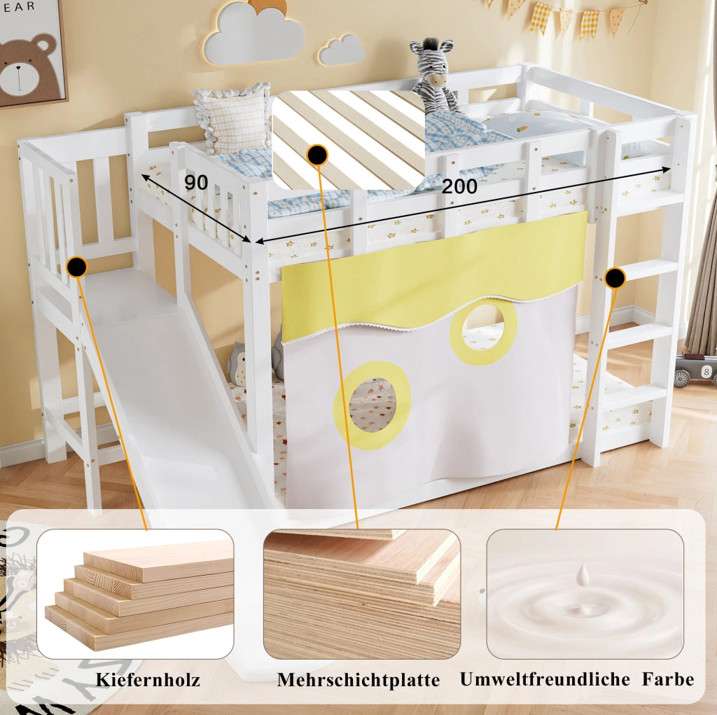 Letto a castello bianco 90x200 cm con scivolo e tende