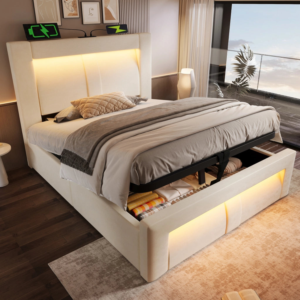 Letto singolo 90x200 cm con contenitore, LED e USB-C in velluto beige